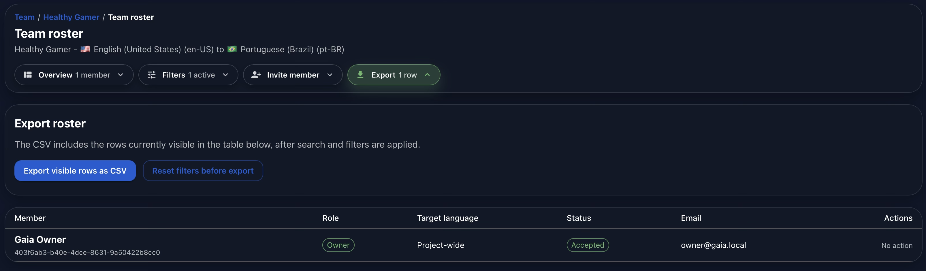 Gaia Team roster export view showing the Export Visible Rows as CSV action, reset-filters control, and the roster rows that will be included.
