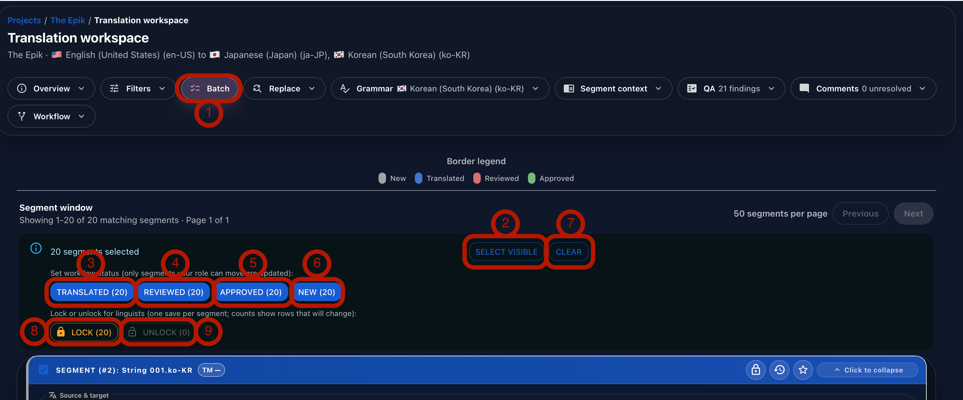 Annotated Gaia Translation Grid Batch panel showing multi-segment status and lock controls.