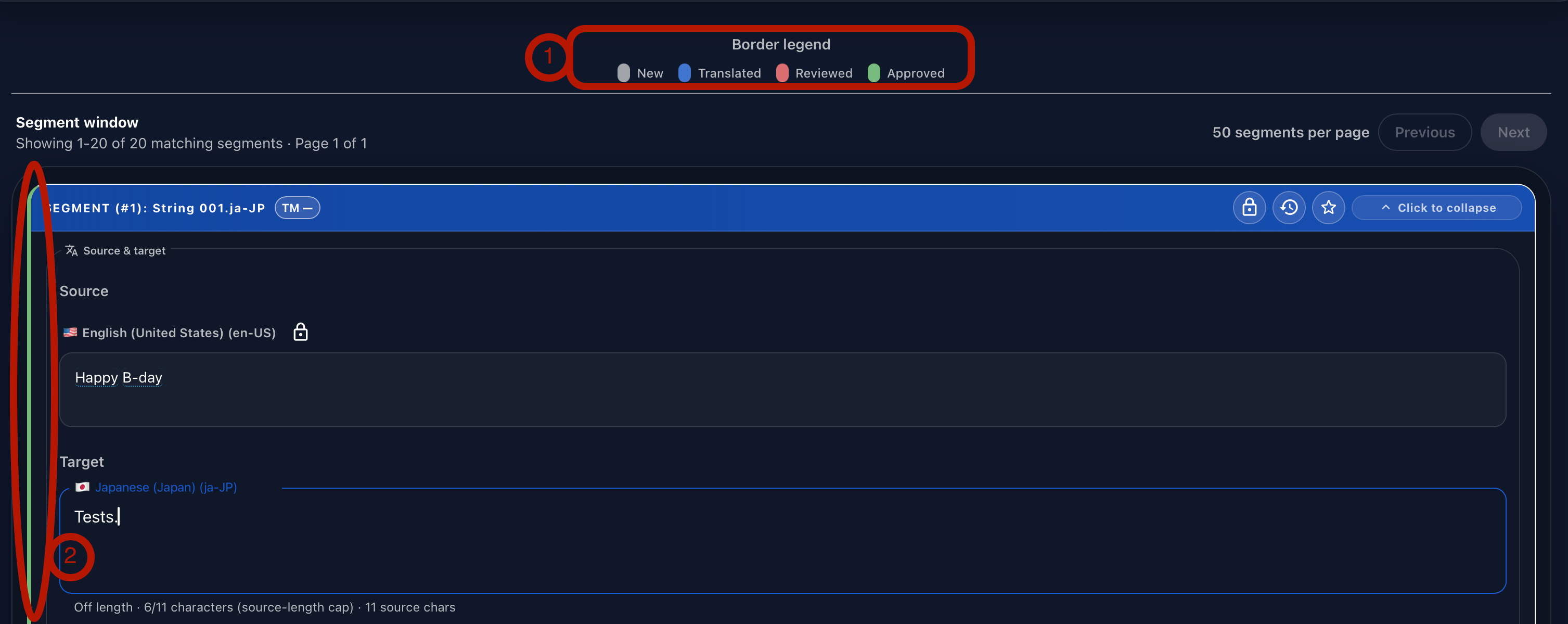 Annotated Gaia Translation Grid segment border legend showing status colors for new, translated, reviewed, and approved segments.
