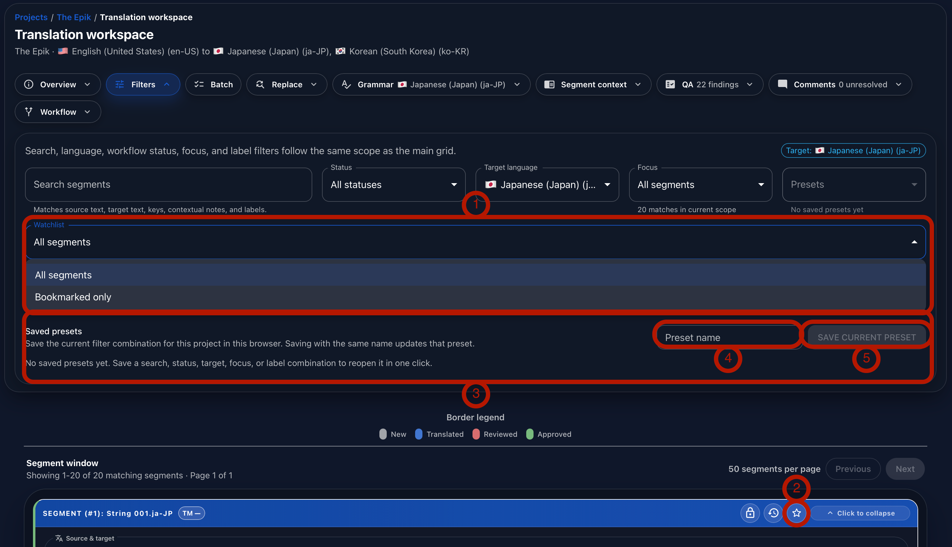 Annotated Gaia Translation Grid filters panel showing bookmark controls and saved filter presets, including Save Current Preset.