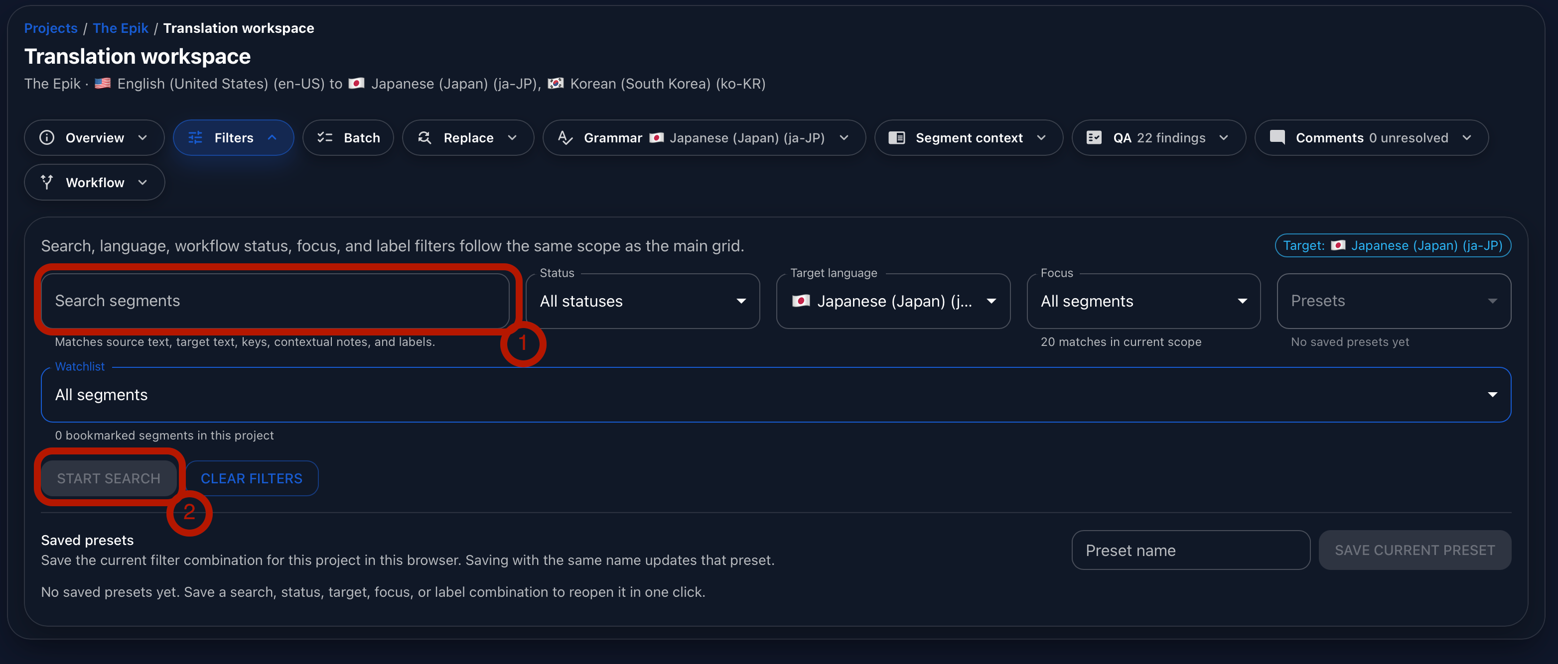 Annotated Gaia Translation Grid filters panel showing the segment search field and Start Search button.