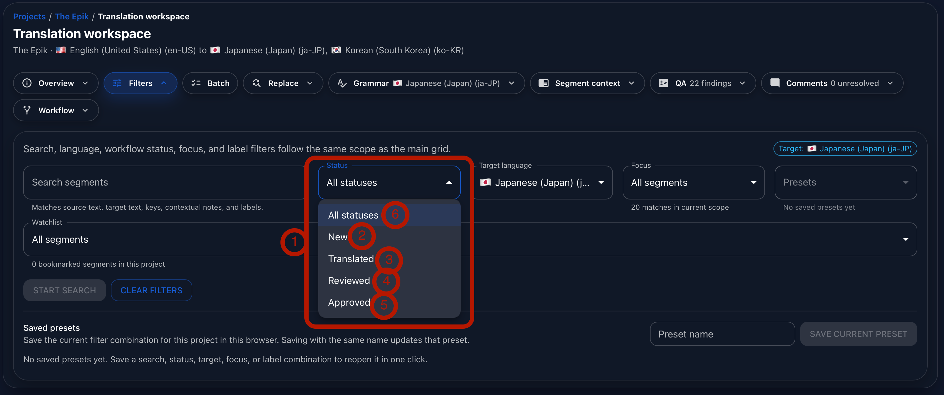 Annotated Gaia Translation Grid filters panel showing segment status filter controls.
