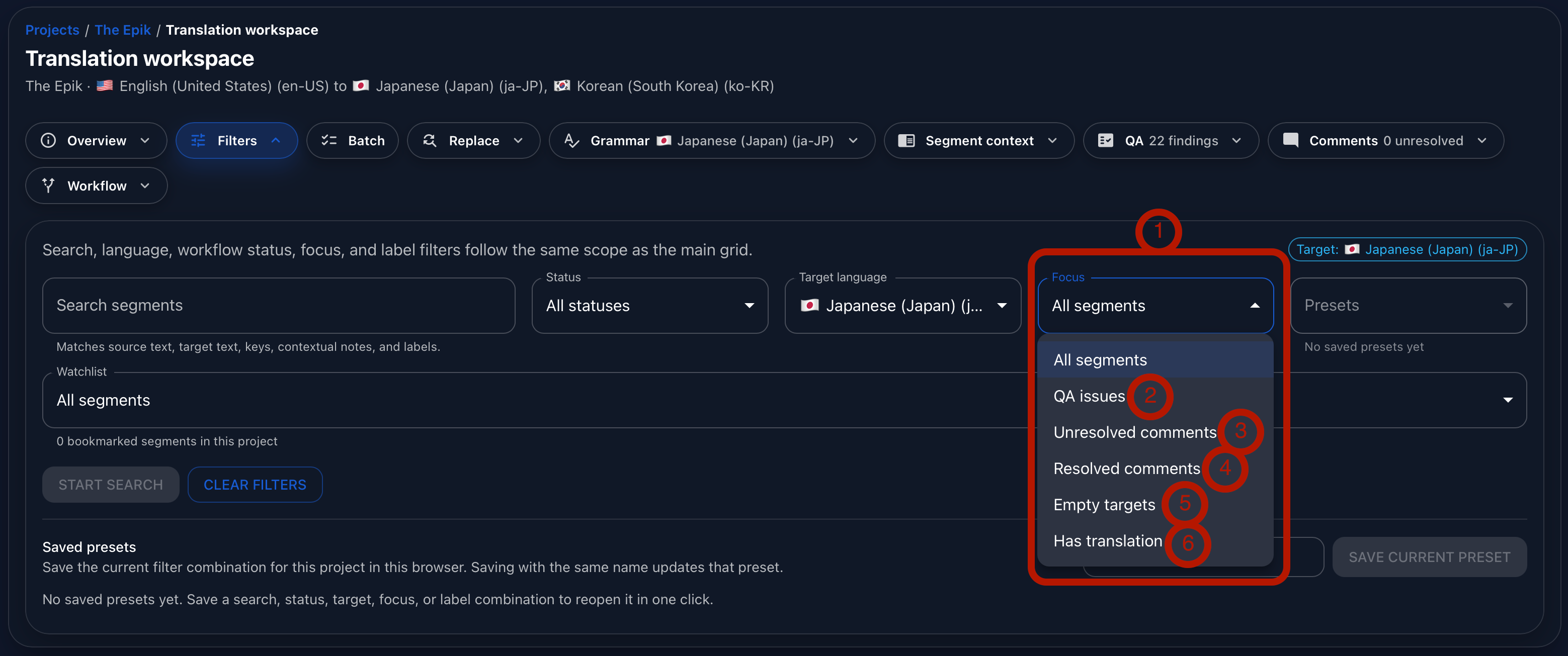 Annotated Gaia Translation Grid filters panel showing focus filter options for QA, comments, empty targets, and existing translations.
