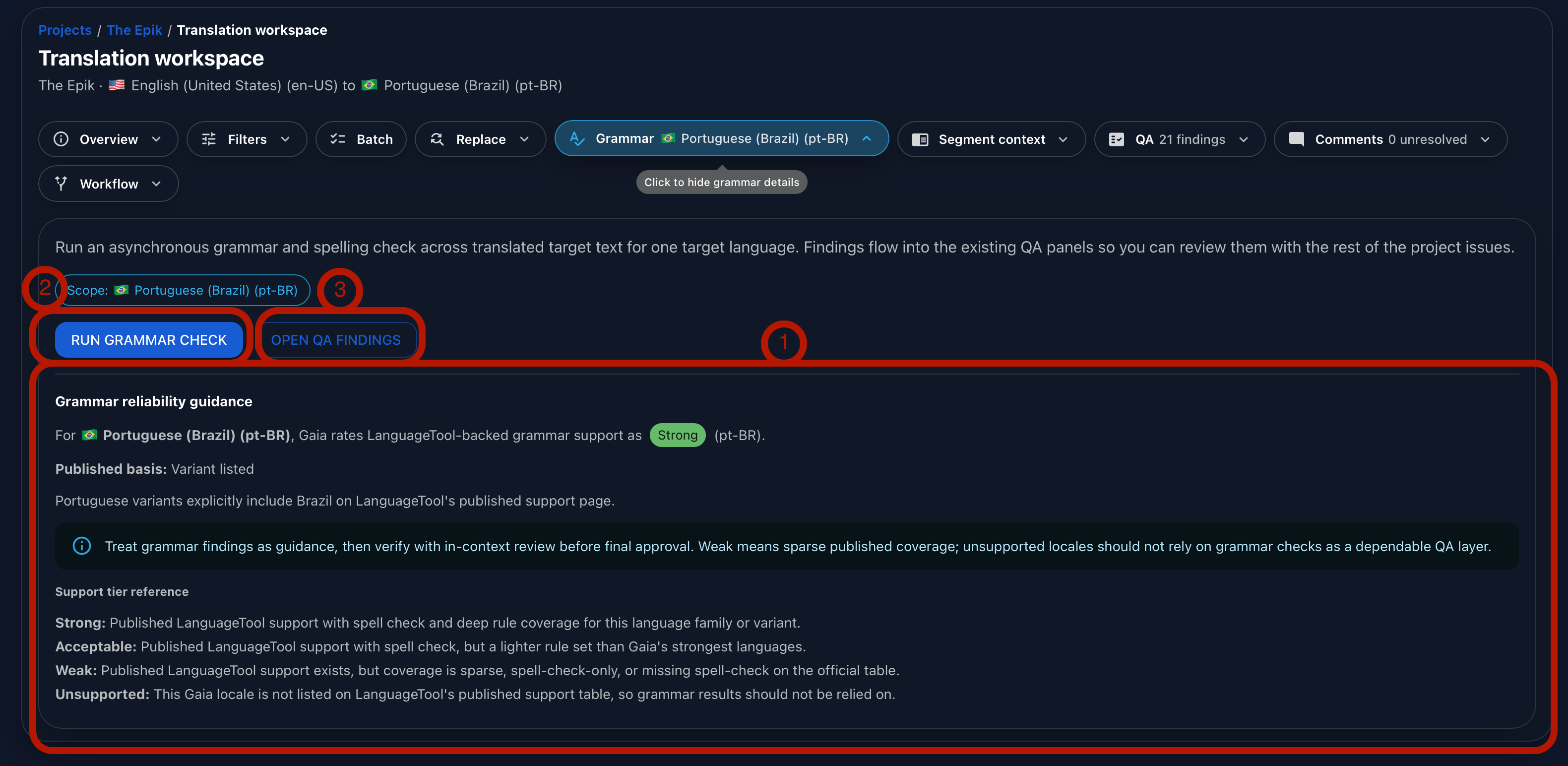 Annotated Gaia Translation Grid Grammar panel showing LanguageTool support information and grammar check actions.