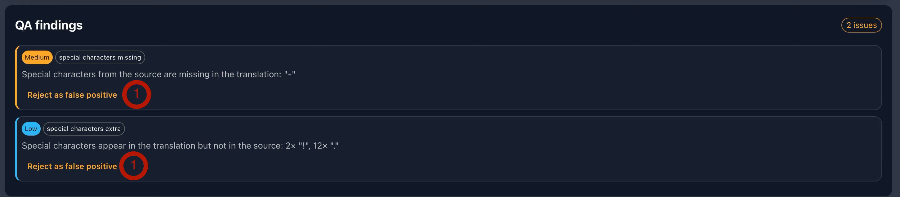 Annotated Gaia Translation Grid QA panel showing a QA issue with an option to reject it.