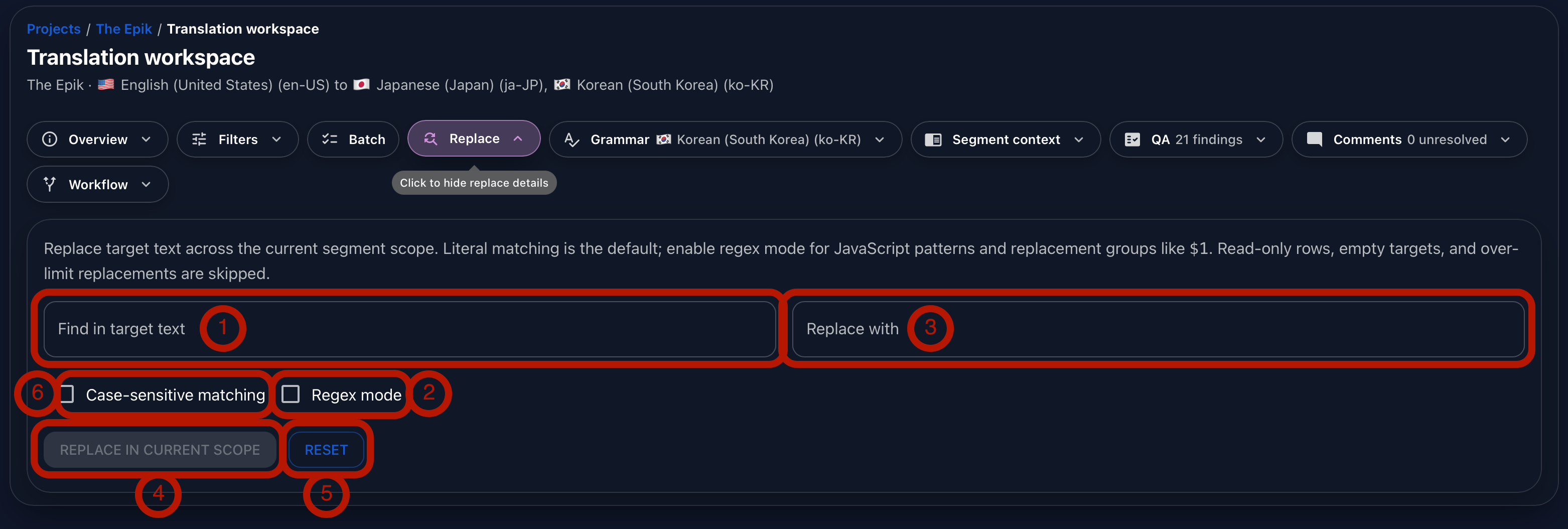 Annotated Gaia Translation Grid Replace panel showing find, replace, regex, and strict case match controls.