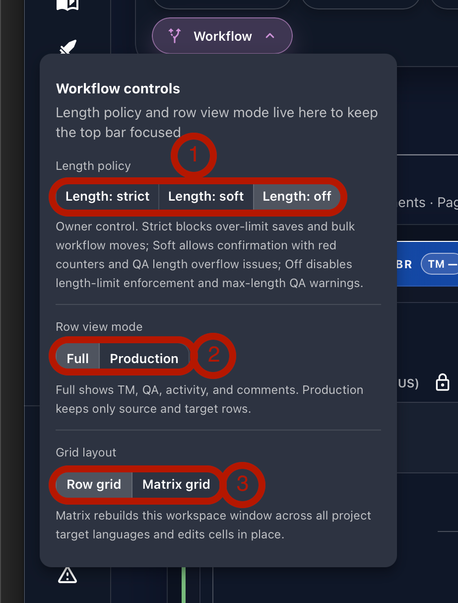Annotated Gaia Translation Grid Workflow panel showing length, row view mode, and grid layout controls.
