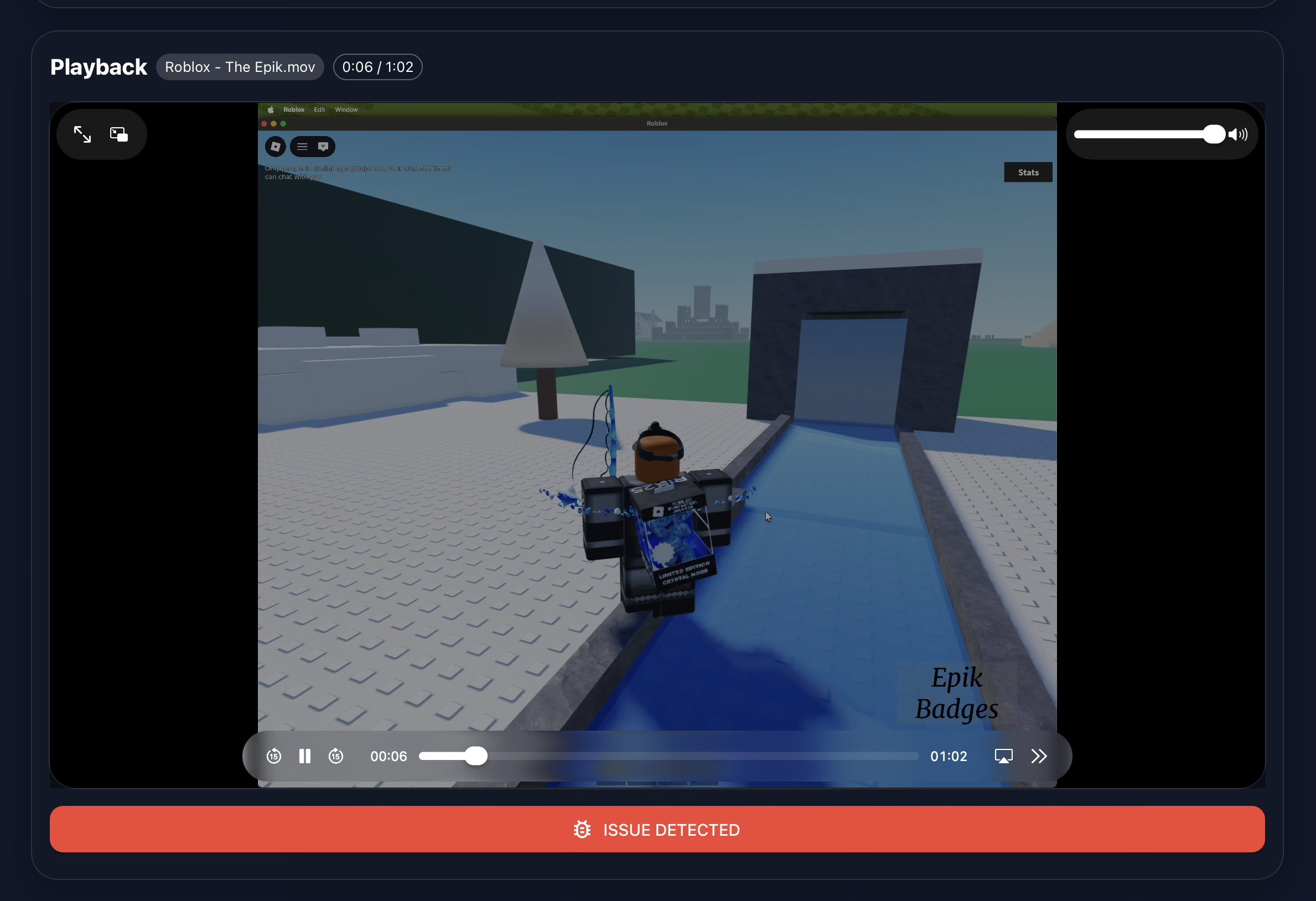Gaia Context Review screen with a video loaded and the Issue Detected button visible.