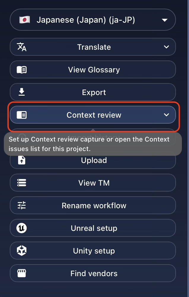 Gaia Project Card action panel showing the Context Review option.