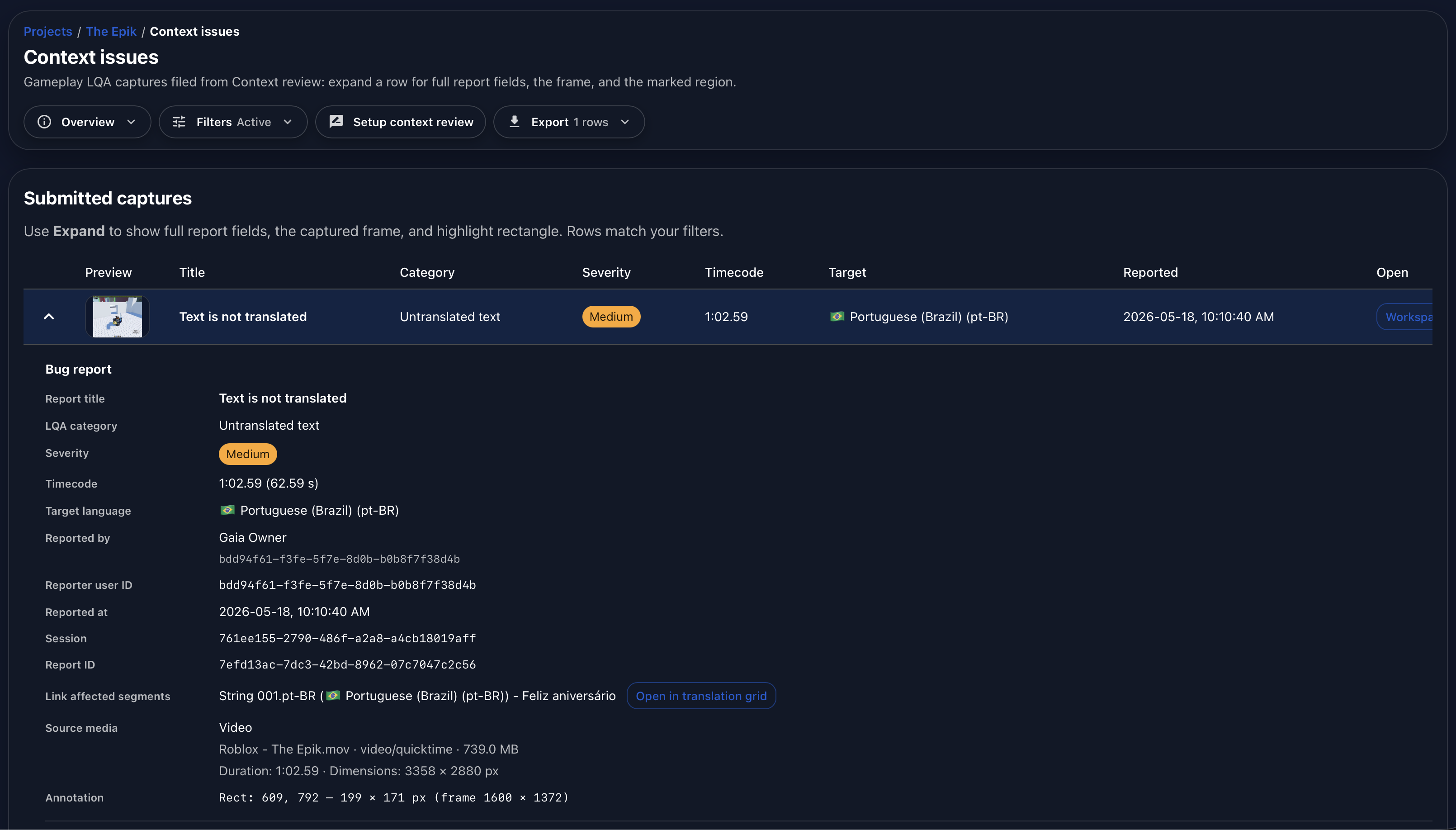 Gaia View Reports screen showing context review issues in a centralized report view.