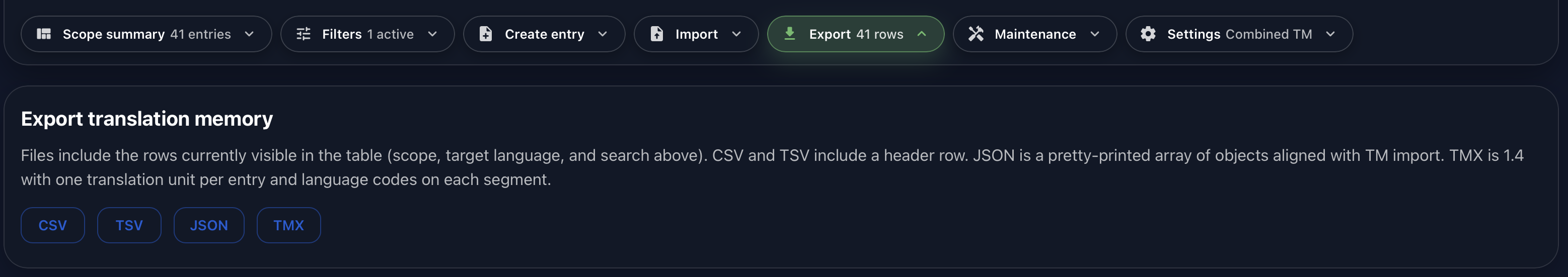 Gaia Translation Memory export controls for CSV, TSV, JSON, and TMX formats.