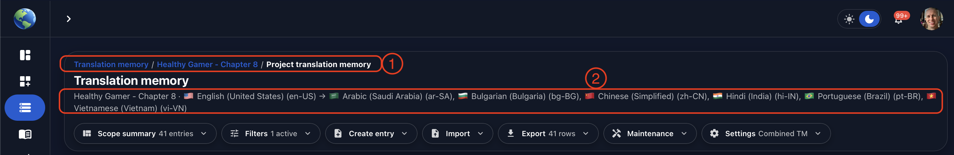 Annotated Gaia Translation Memory header showing breadcrumb navigation, project name, source language, and target languages.