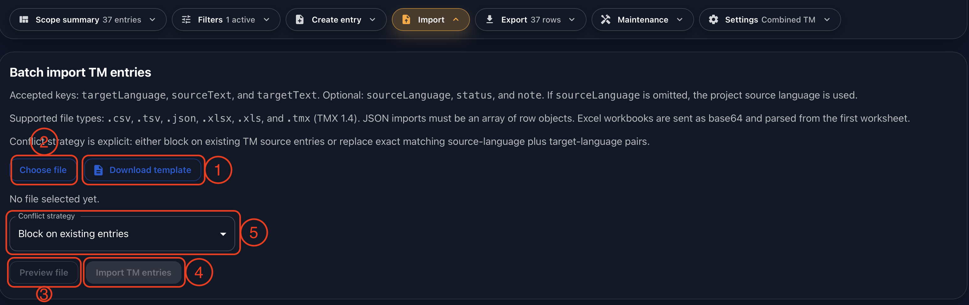 Annotated Gaia Translation Memory import panel showing template download, file selection, preview, import, and conflict strategy controls.