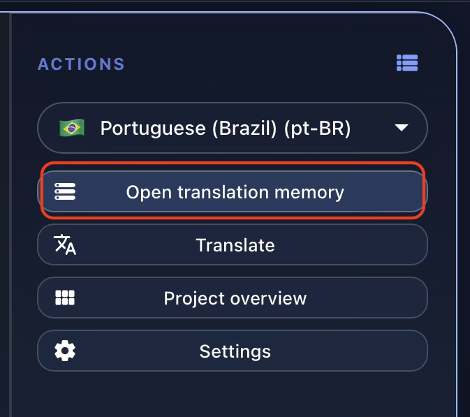 Gaia project card action panel with Open Translation Memory selected.