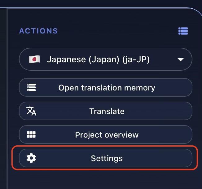 Gaia Translation Memories project card with the Settings action available in the action panel.