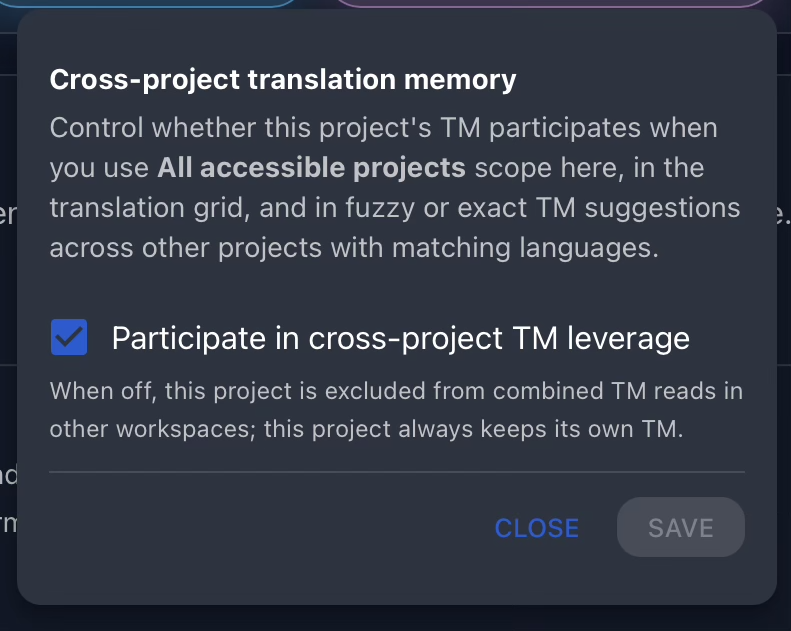 Gaia Translation Memory settings page showing project sharing controls.