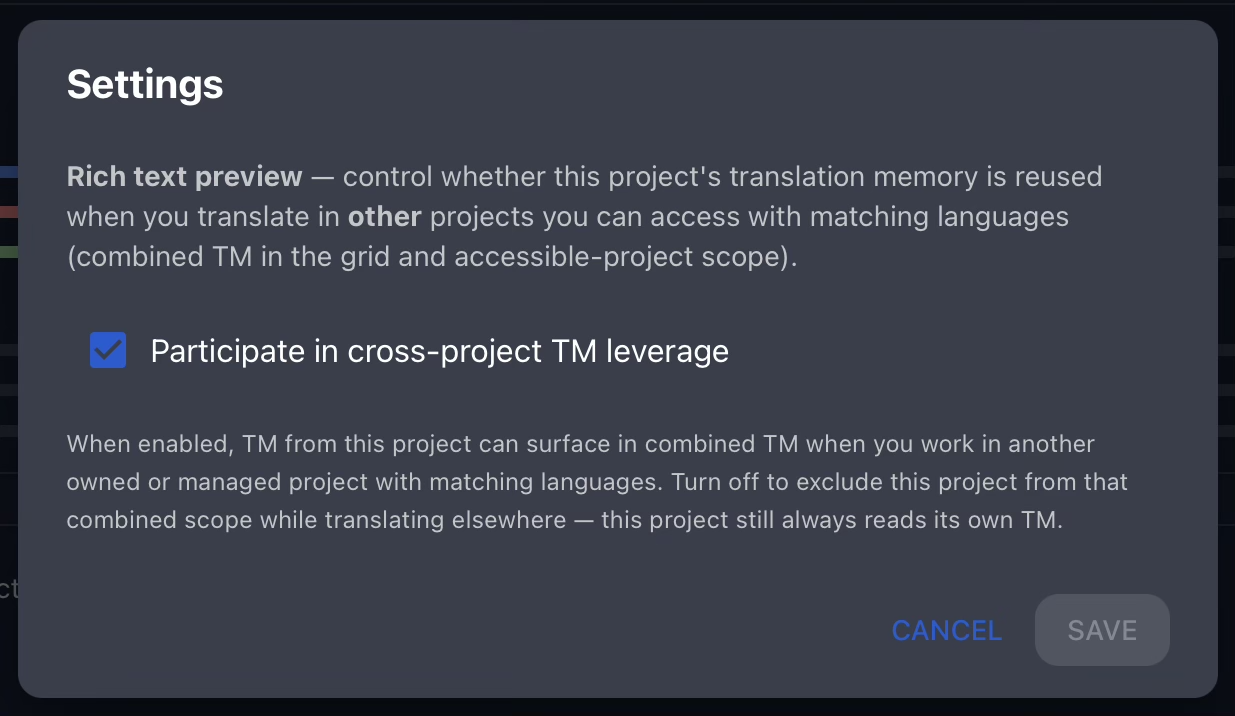 Gaia Translation Memory setting showing the option to make the project translation memory available to other projects.