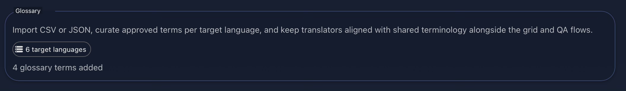 Gaia Glossary landing page project card showing language scope, workflow progress, and glossary term summary information.