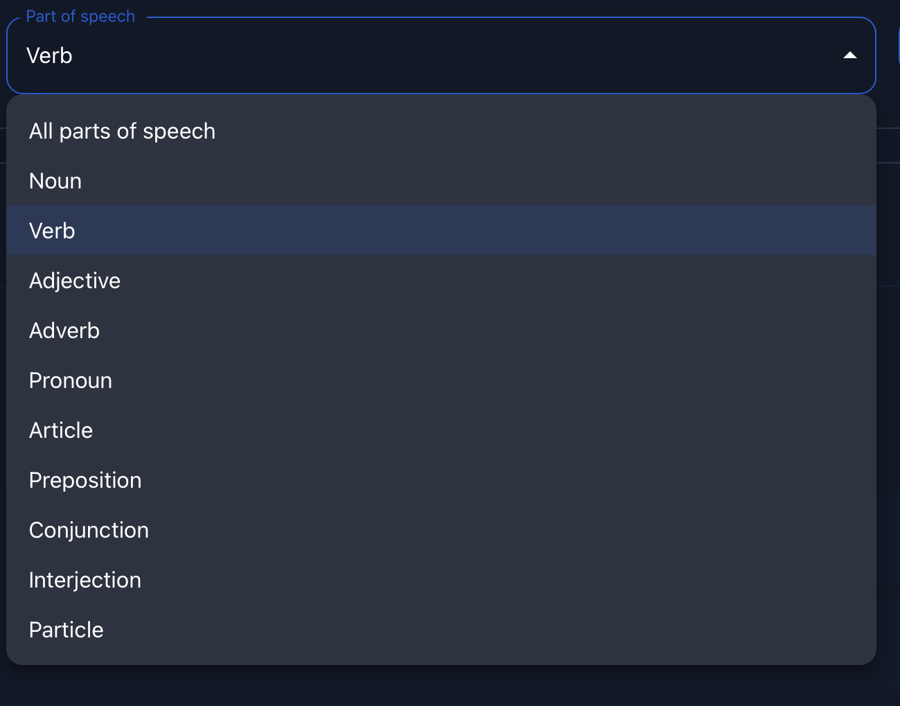 Gaia Dictionary part-of-speech panel showing filtered dictionary definitions by grammatical category.