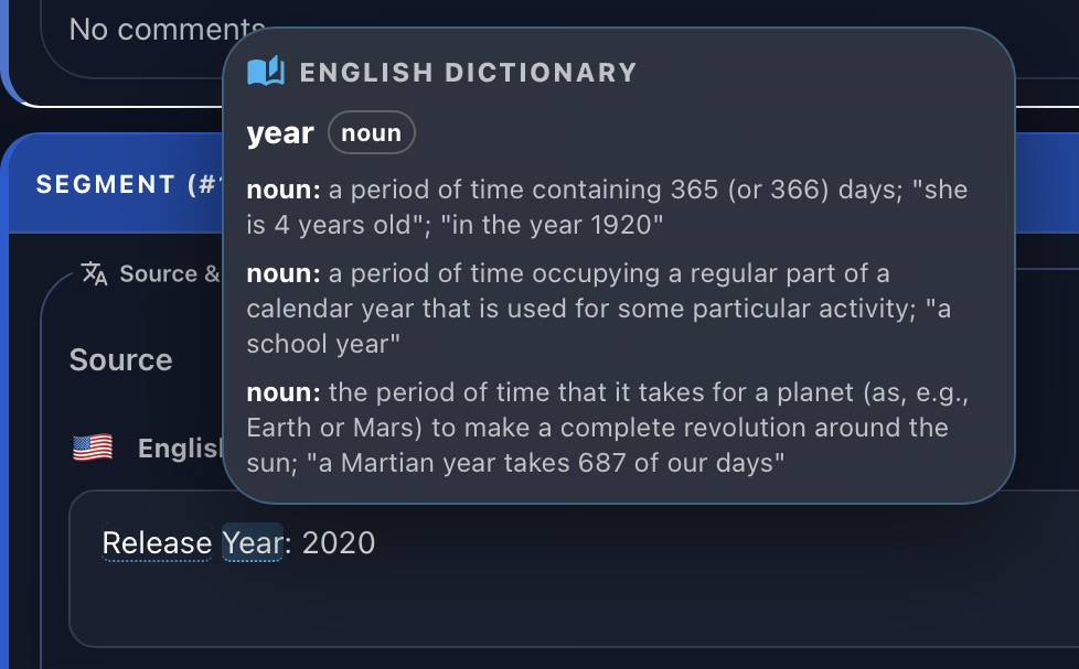 Gaia Translation Grid showing an automatic dictionary definition tooltip when hovering over an English term.