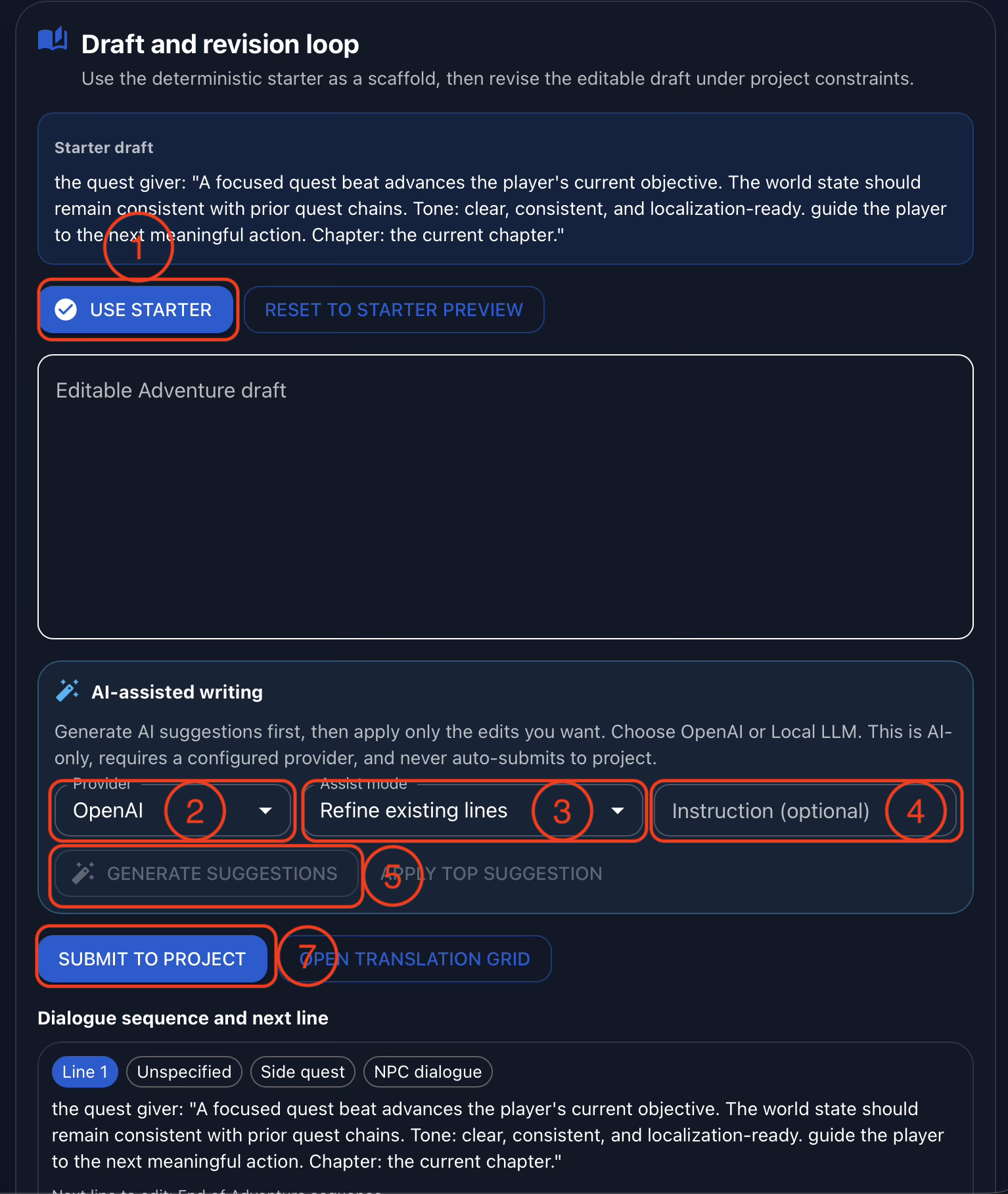 Annotated Gaia Adventure draft and revision loop showing the starter draft, optional AI provider controls, assist mode, instruction field, generate suggestions action, and submit to project button.