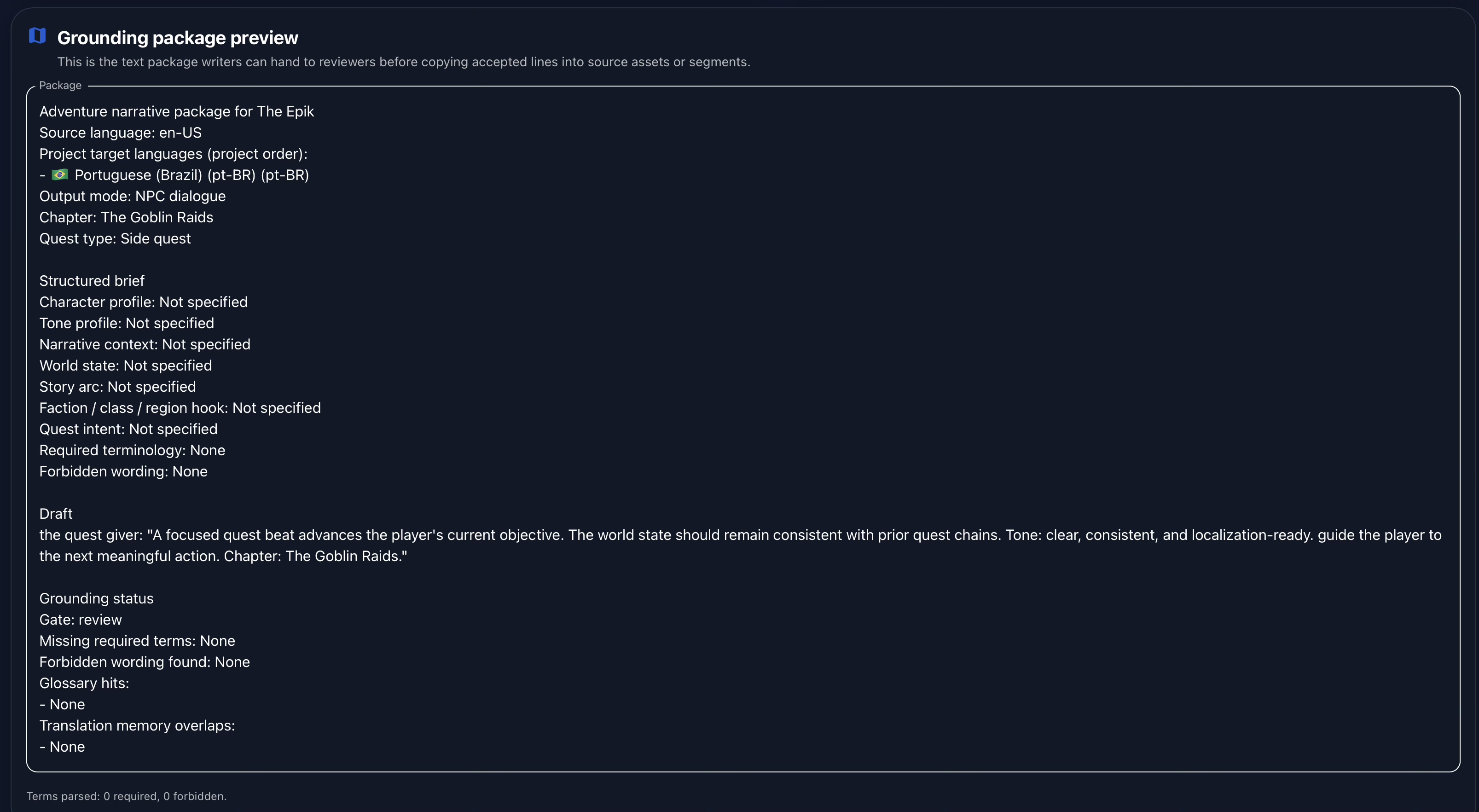 Gaia Adventure grounding package preview showing copied review context for authored quest content.
