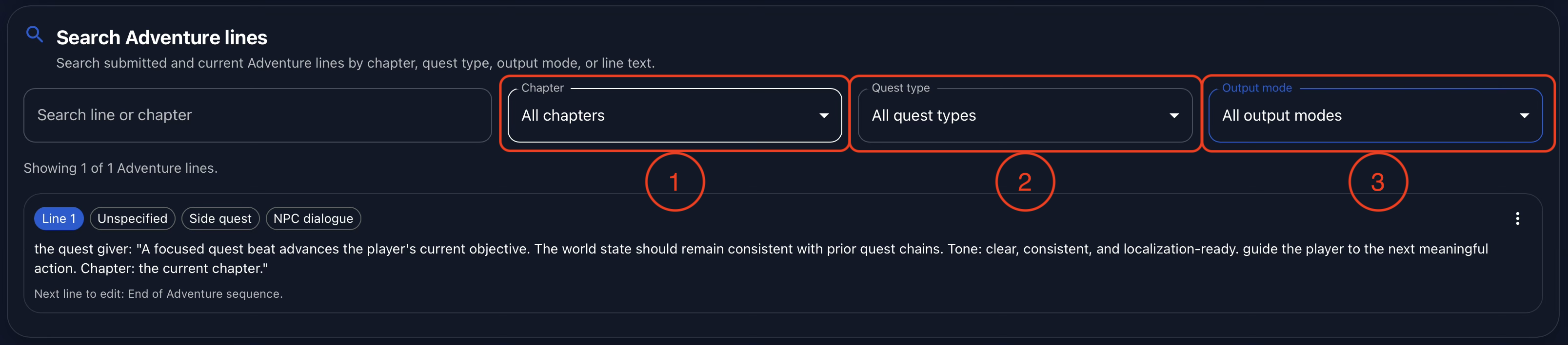 Annotated Gaia Adventure search panel showing filters for chapter, quest type, and output mode.