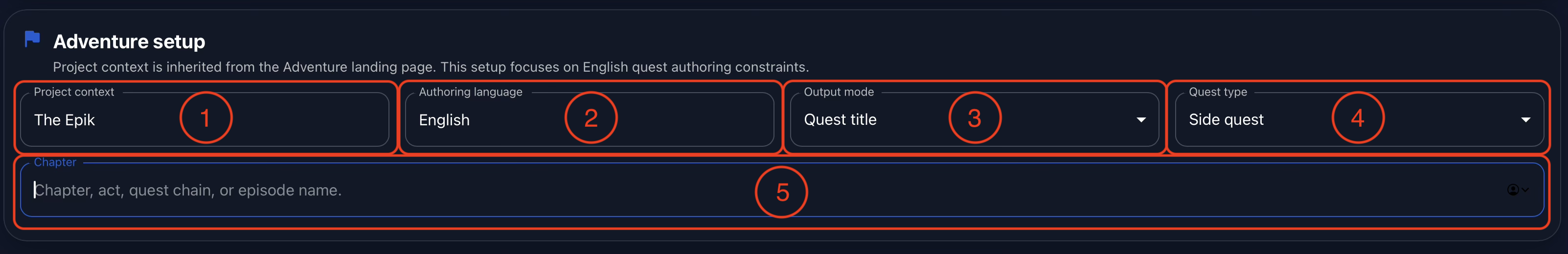 Annotated Gaia Adventure setup panel showing the active project, authoring language, output mode, quest type, and chapter field.