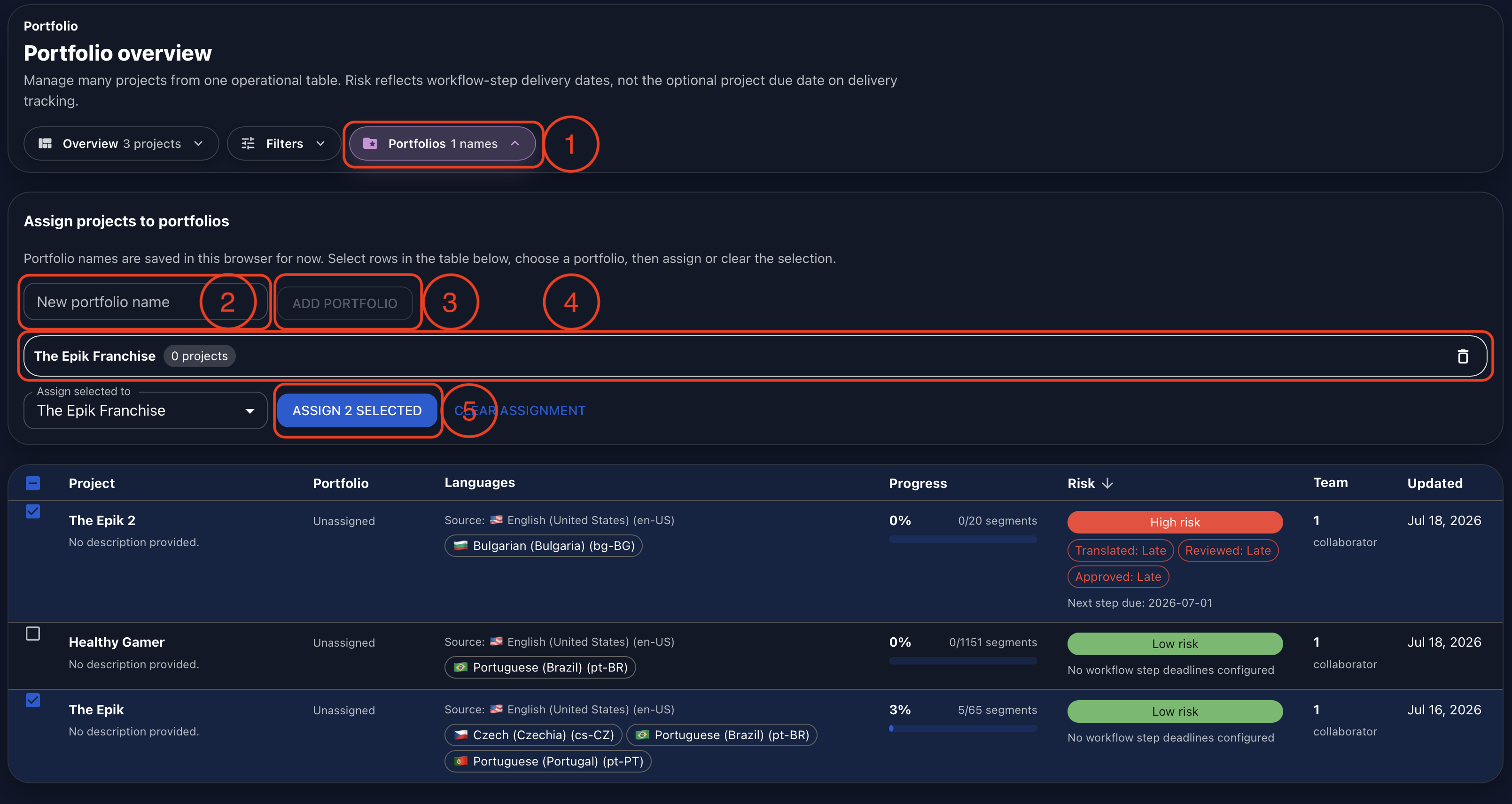 Annotated Gaia Portfolio assignment view showing the Portfolios section, portfolio name field, add action, created portfolio and project count, selected project rows, and Assign Selected action.