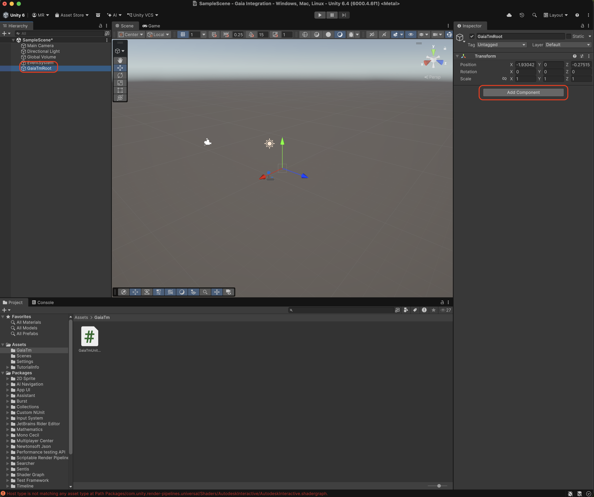 Unity Inspector showing GaiaTmRoot selected with the Add Component button highlighted.