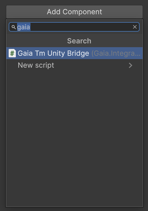 Unity Add Component search showing Gaia Tm Unity Bridge selected.