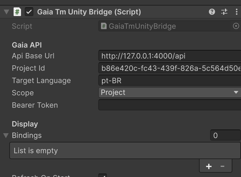 Unity Inspector Gaia API fields filled with API base URL, project id, and target language.