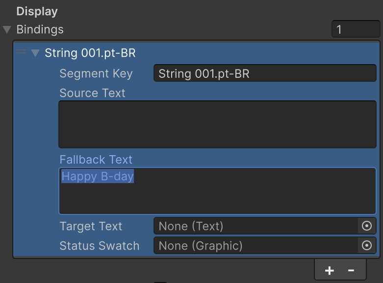 Unity Inspector Binding Element 0 with Segment Key and Fallback Text filled.