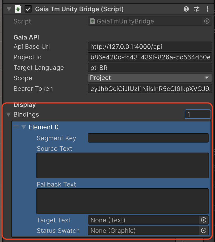 Unity Inspector Bindings list expanded with Size set to 1 and Element 0 visible.
