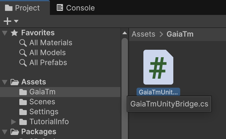 Unity Project window showing GaiaTmUnityBridge.cs inside Assets/GaiaTm.