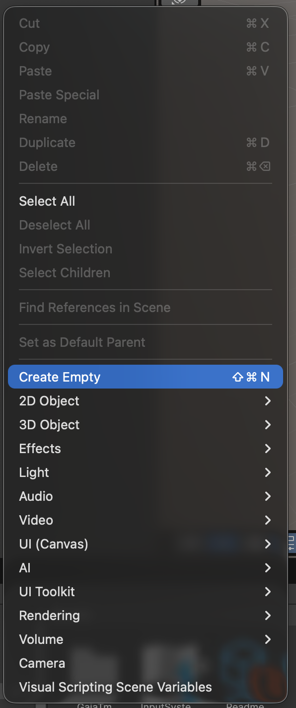 Unity Hierarchy context menu with Create Empty selected.