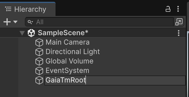 Unity Hierarchy with the GameObject renamed to GaiaTmRoot.