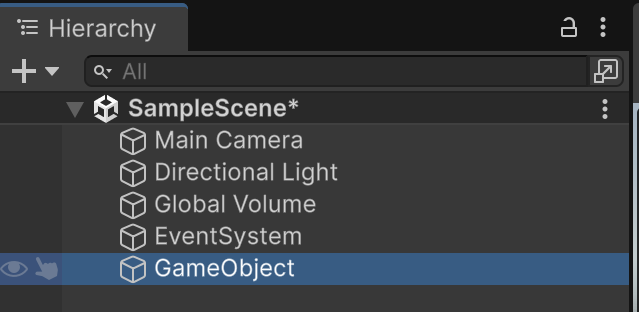 Unity Hierarchy with the new GameObject row selected.