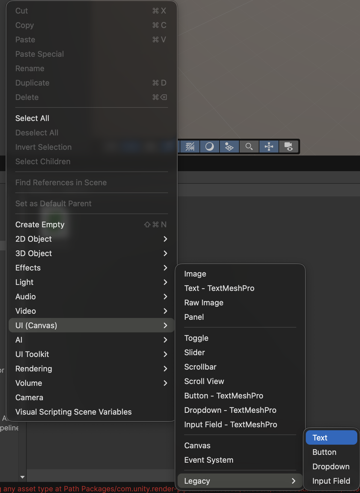 Unity Hierarchy context menu showing UI Canvas, Legacy, and Text selected.
