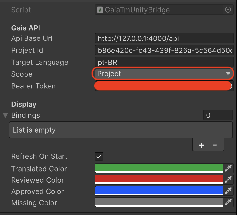 Unity Inspector Gaia Tm Unity Bridge component with Scope set to Project.