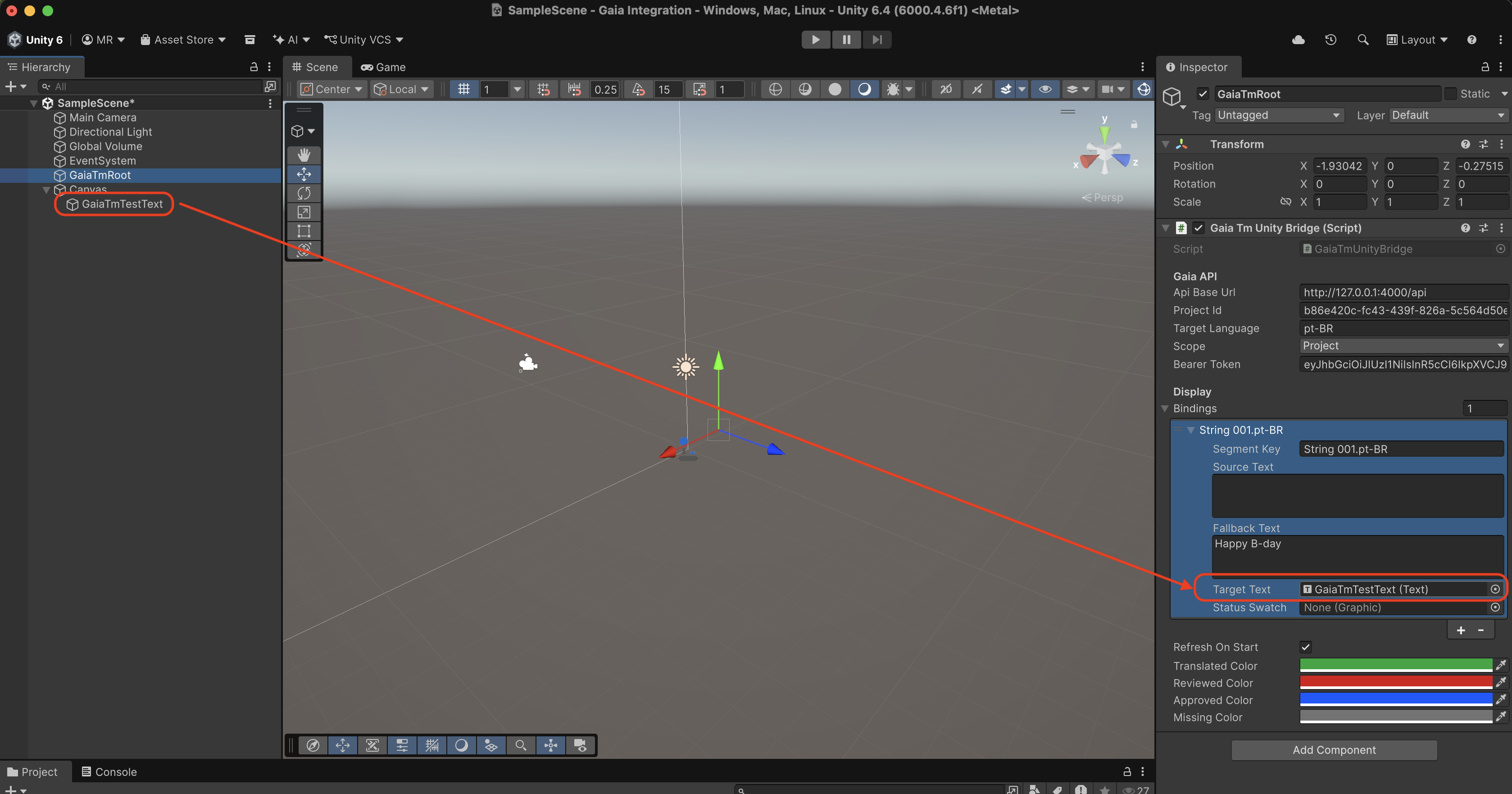 Unity Inspector with GaiaTmRoot selected and GaiaTmTestText assigned to the Target Text field.