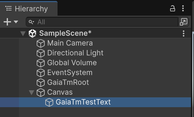 Unity Hierarchy showing a Canvas with GaiaTmTestText selected.