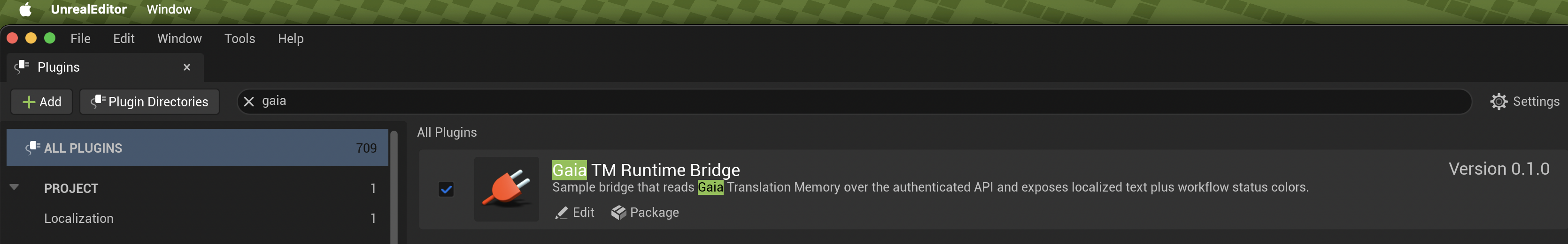 Unreal Editor Plugins window showing Gaia TM Runtime Bridge enabled after searching for Gaia.