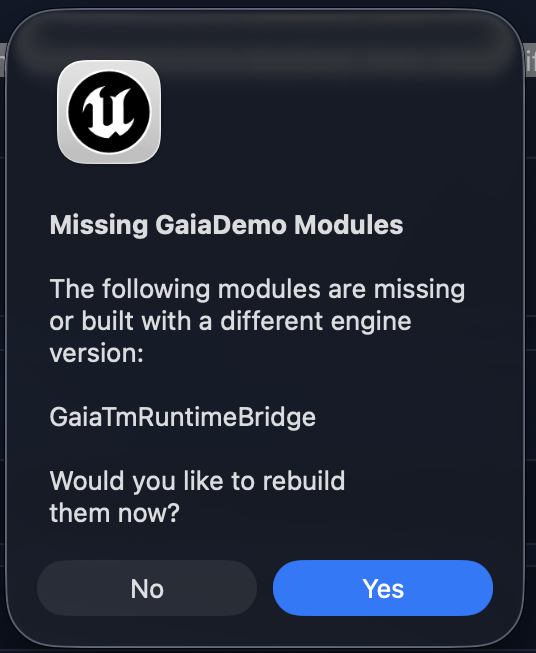 Unreal Editor missing modules dialog asking to rebuild GaiaTmRuntimeBridge.