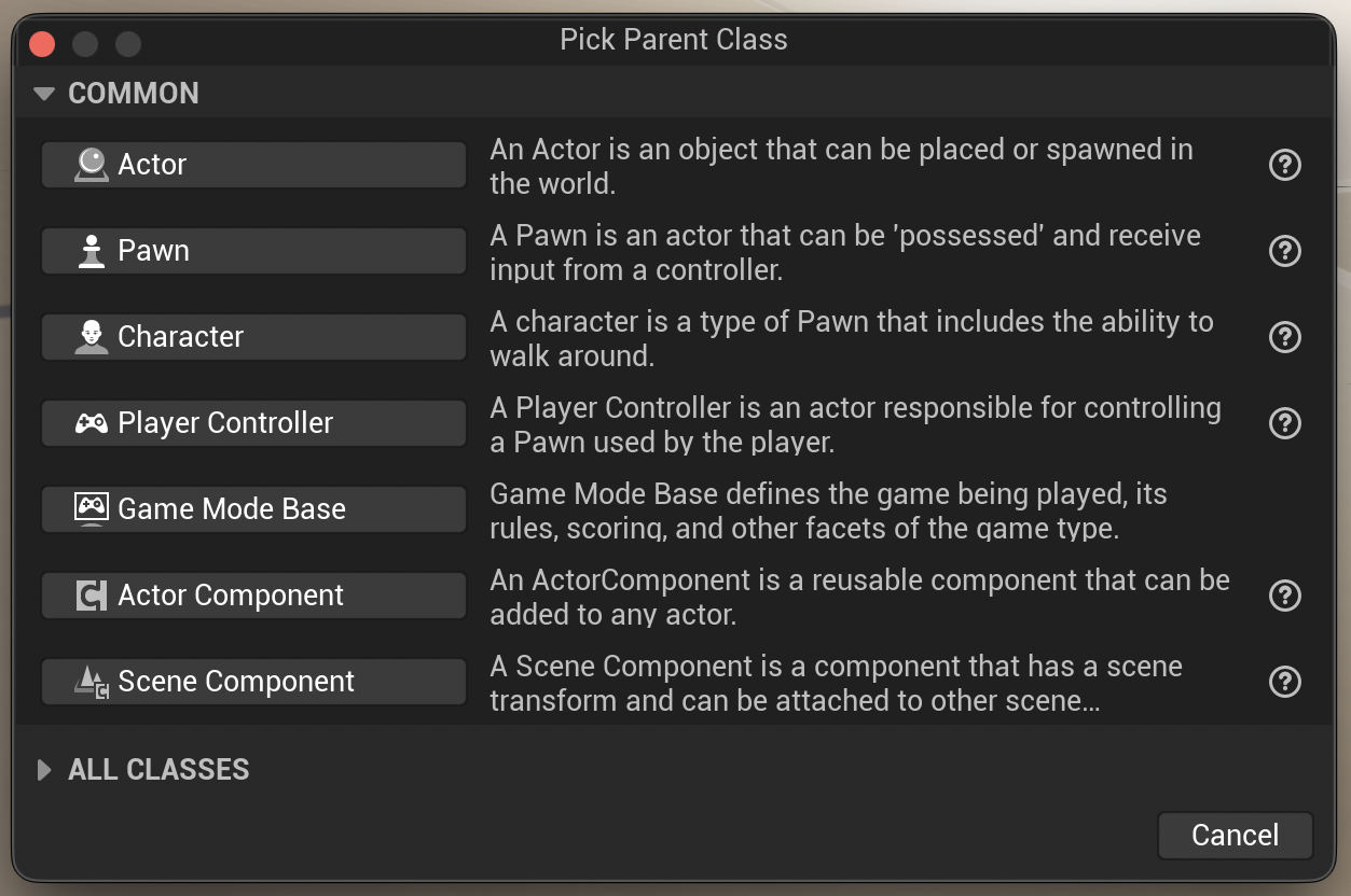 Unreal Editor Pick Parent Class dialog with Actor selected.