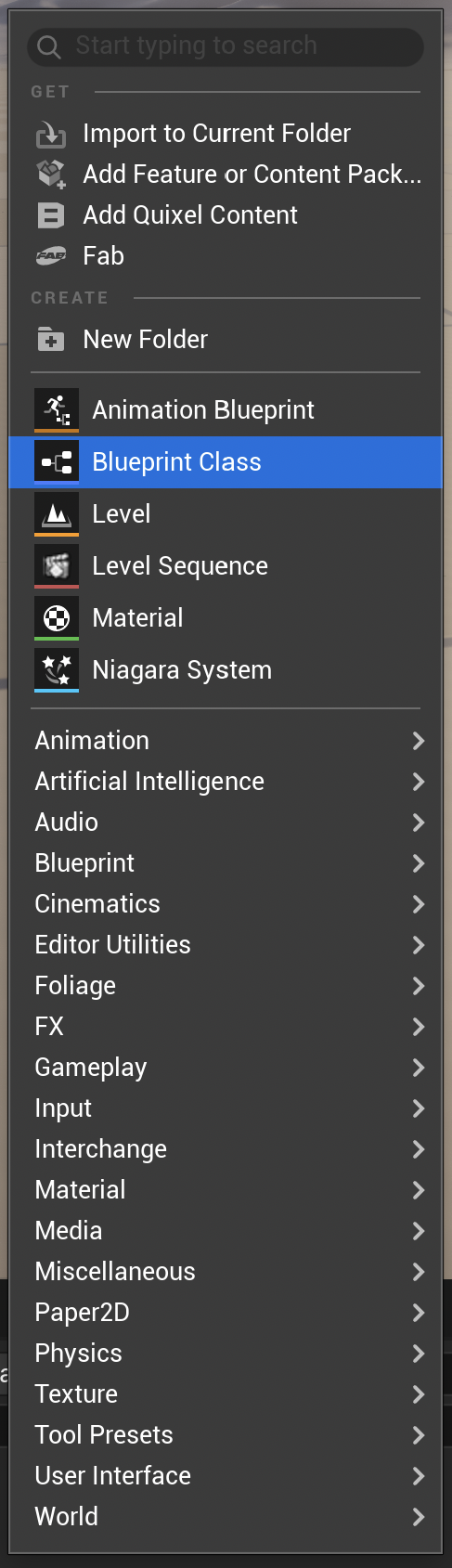 Unreal Editor right-click content menu with Blueprint Class selected.