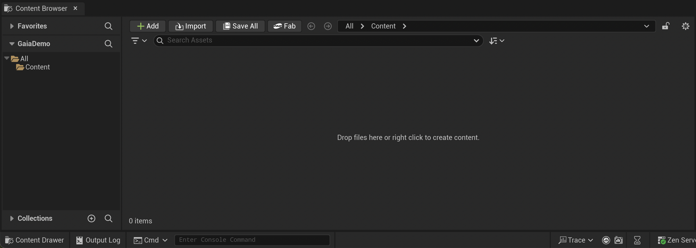 Unreal Editor Content Browser with the Content folder open.
