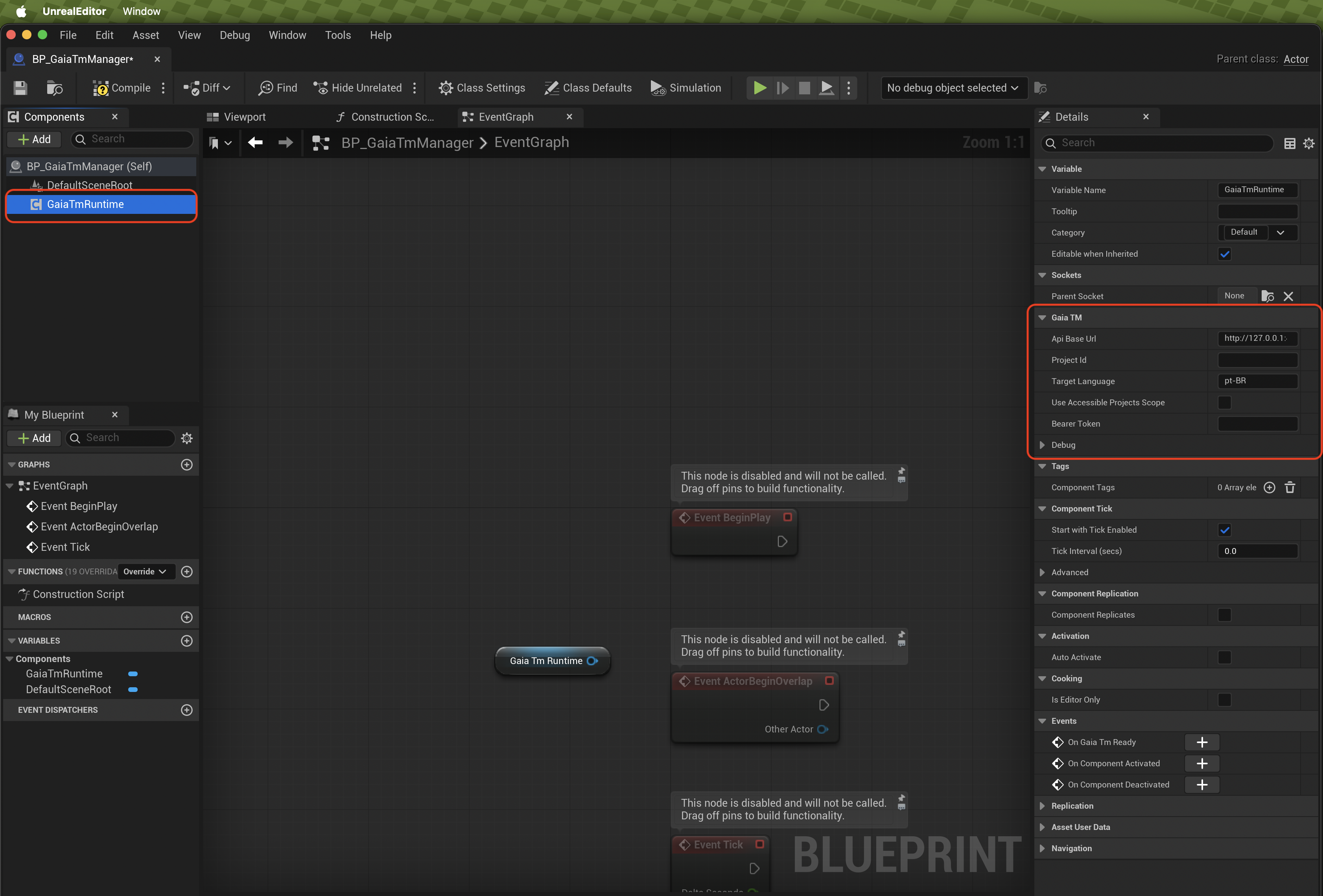 Unreal Blueprint Components panel with GaiaTmRuntime selected and Gaia TM details visible.