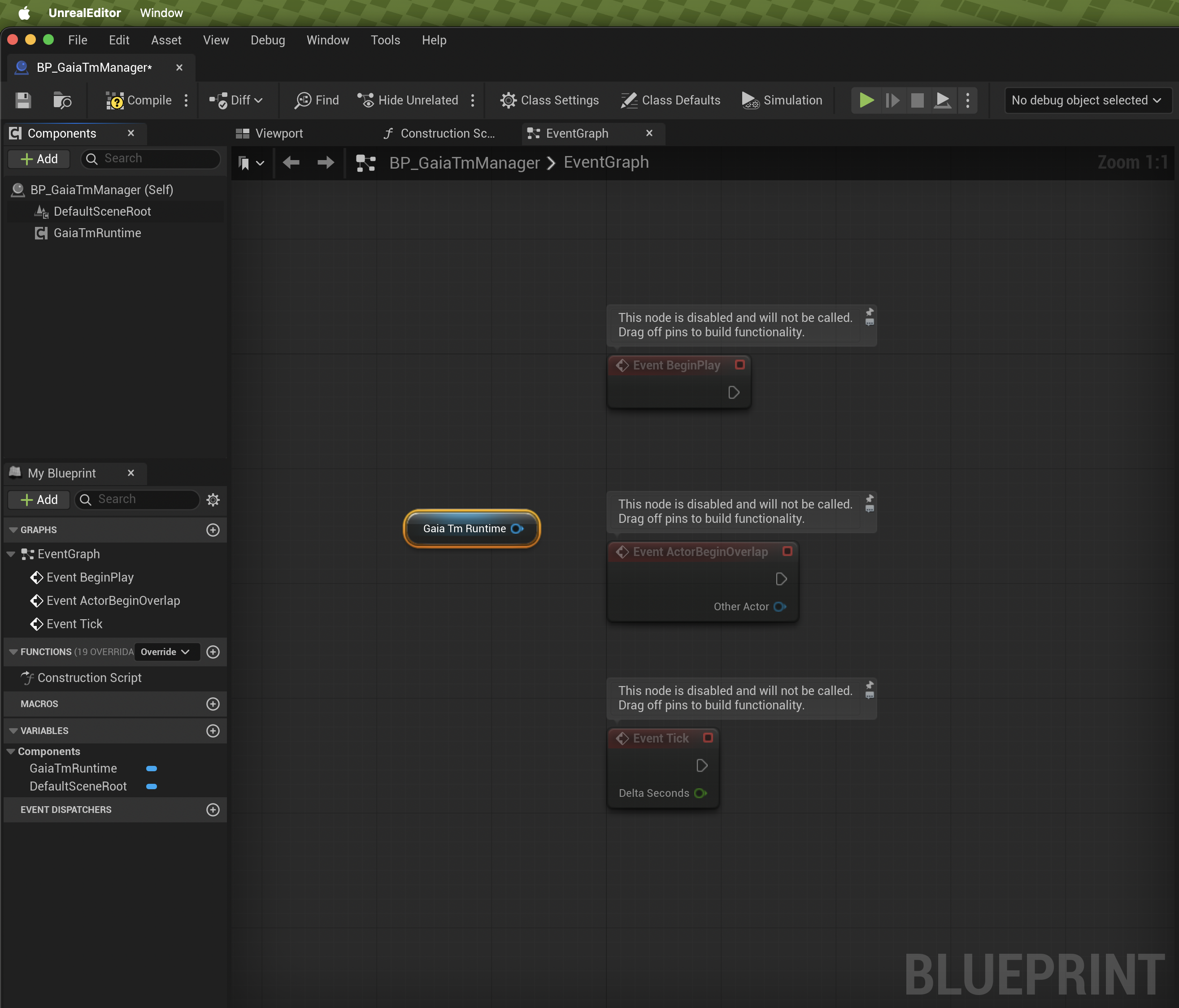 Unreal Blueprint EventGraph with GaiaTmRuntime component reference node placed in the graph.
