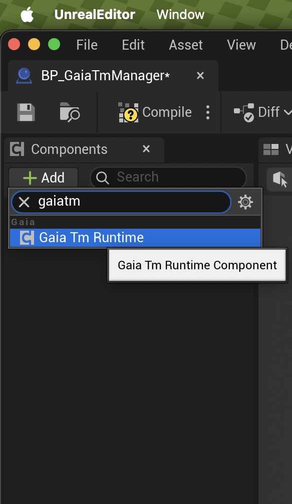 Unreal Blueprint Components panel search showing Gaia TM Runtime Component.